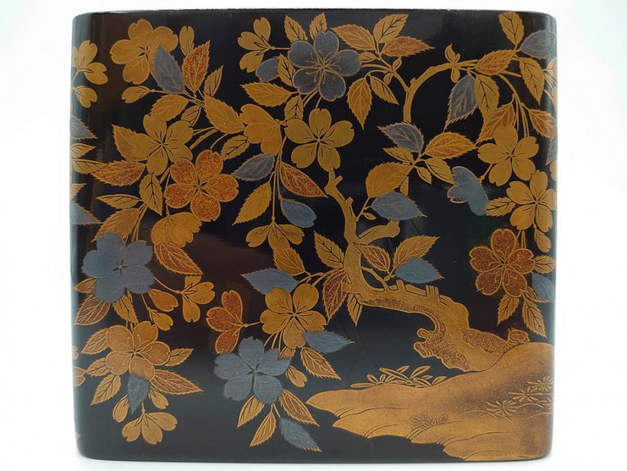 明治期　時代物　蒔絵　漆器　優美で上品な雰囲気の手箱(桜?、花、金彩、木製、漆芸、漆器、文箱、収納箱、手許箱、紐付き)(R-081352)