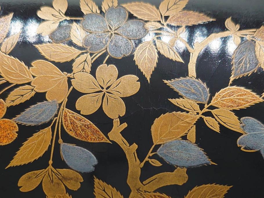 明治期　時代物　蒔絵　漆器　優美で上品な雰囲気の手箱(桜?、花、金彩、木製、漆芸、漆器、文箱、収納箱、手許箱、紐付き)(R-081352)