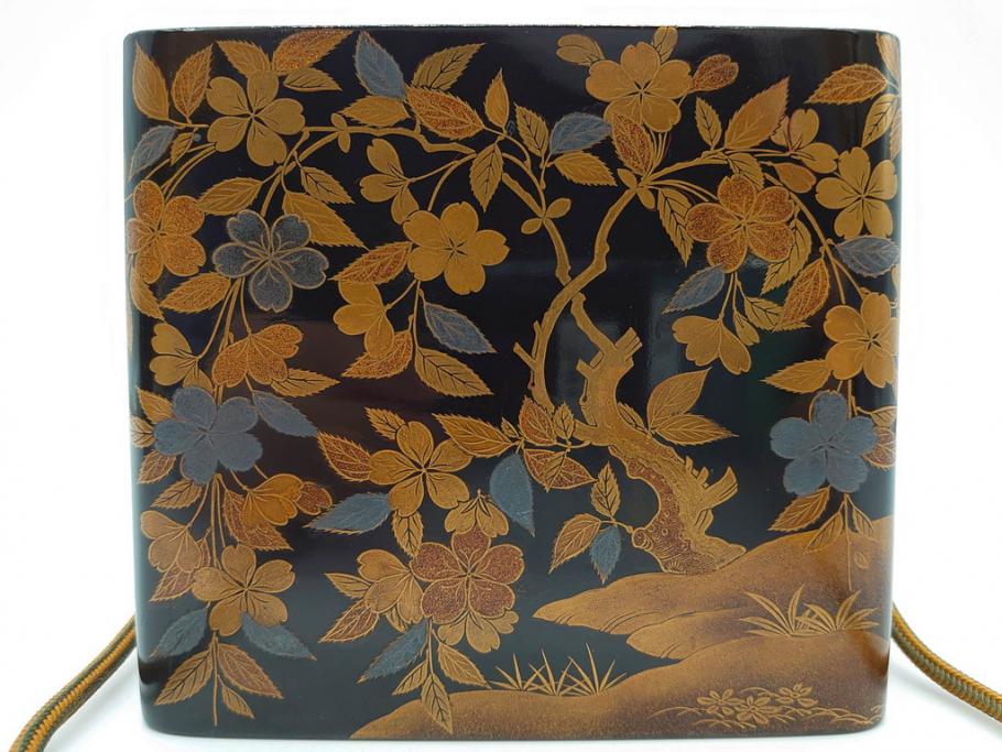 明治期　時代物　蒔絵　漆器　優美で上品な雰囲気の手箱(桜?、花、金彩、木製、漆芸、漆器、文箱、収納箱、手許箱、紐付き)(R-081352)
