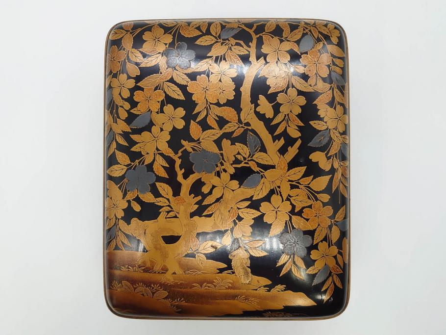 明治期　時代物　蒔絵　漆器　優美で上品な雰囲気の手箱(桜?、花、金彩、木製、漆芸、漆器、文箱、収納箱、手許箱、紐付き)(R-081352)