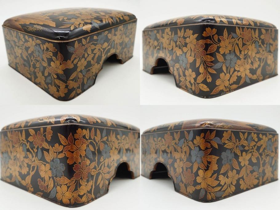 明治期　時代物　蒔絵　漆器　優美で上品な雰囲気の手箱(桜?、花、金彩、木製、漆芸、漆器、文箱、収納箱、手許箱、紐付き)(R-081352)