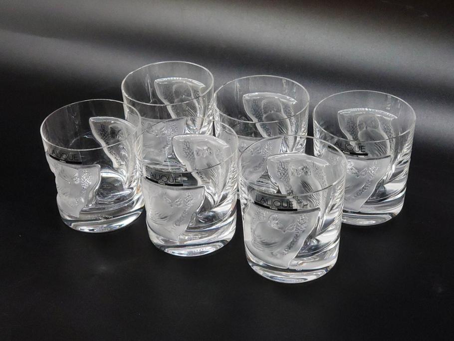 フランス　LALIQUE(ラリック)　ユロット　和気あいあいとした気分を盛り上げるSAKEタンブラー6客セット(フクロウ、梟、サテンクリスタル、グラス、硝子、ガラス)(R-081356)