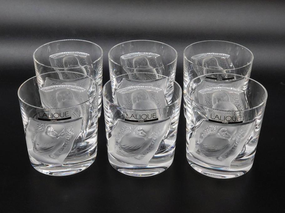 フランス　LALIQUE(ラリック)　ユロット　和気あいあいとした気分を盛り上げるSAKEタンブラー6客セット(フクロウ、梟、サテンクリスタル、グラス、硝子、ガラス)(R-081356)