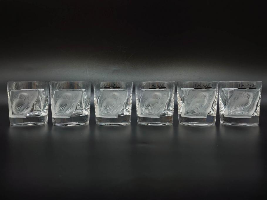 フランス　LALIQUE(ラリック)　ユロット　和気あいあいとした気分を盛り上げるSAKEタンブラー6客セット(フクロウ、梟、サテンクリスタル、グラス、硝子、ガラス)(R-081356)