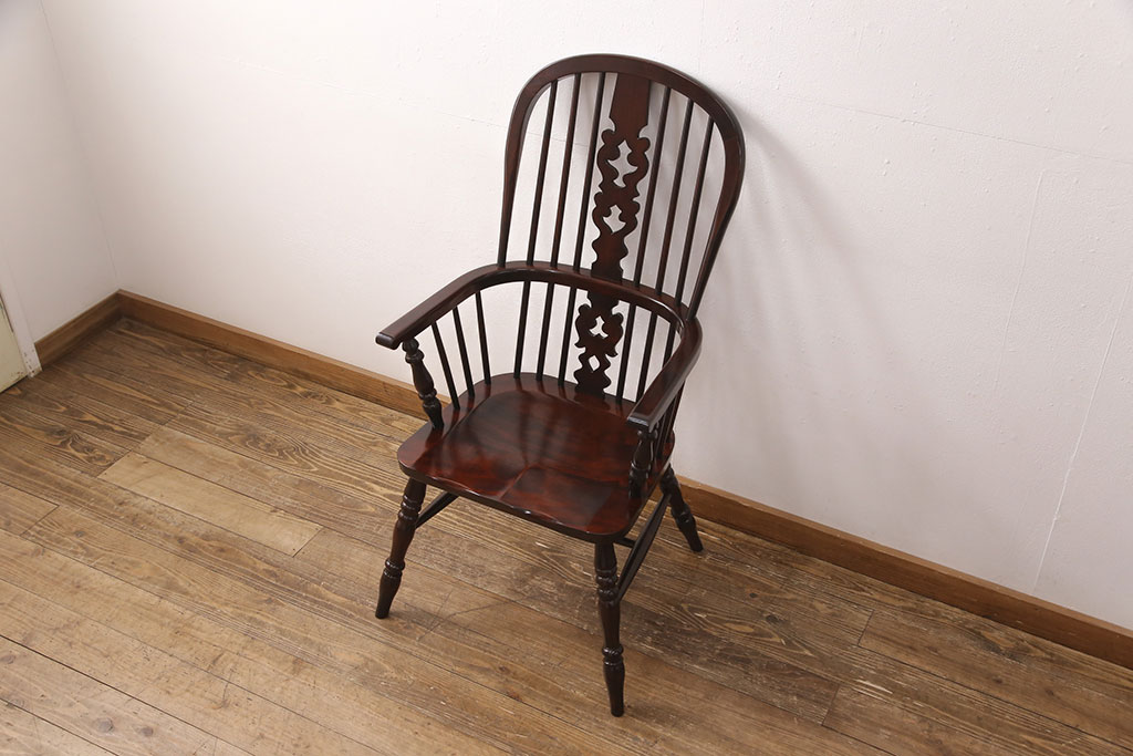 中古　美品　松本民芸家具風　背もたれのデザインがお洒落な上質なつくりのウィンザーチェア(アームチェア、椅子、ウインザーチェア)(R-051742)
