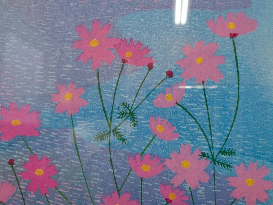 真作　原田泰治　「コスモス」　オリジナル　限定250部の内第236番　サイン入り　木版画(花、風景、講談社、エディション入り、額装、保証書付き、外箱付き、タトウ箱付き)(R-081399)