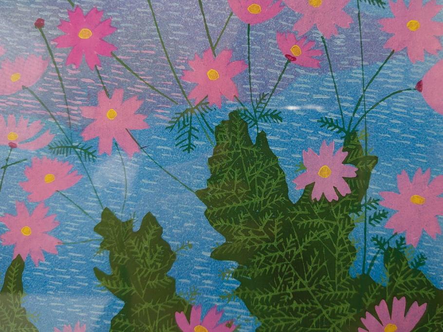 真作　原田泰治　「コスモス」　オリジナル　限定250部の内第236番　サイン入り　木版画(花、風景、講談社、エディション入り、額装、保証書付き、外箱付き、タトウ箱付き)(R-081399)