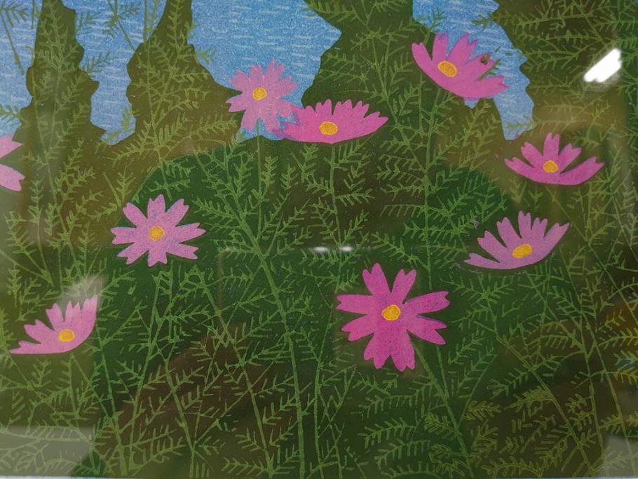 真作　原田泰治　「コスモス」　オリジナル　限定250部の内第236番　サイン入り　木版画(花、風景、講談社、エディション入り、額装、保証書付き、外箱付き、タトウ箱付き)(R-081399)