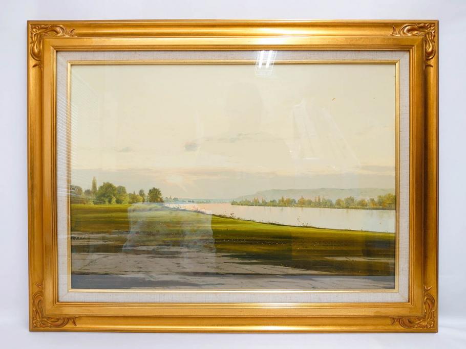 真作　林朝路　「ベルノン朝明け」　M15(15号)　絵画(油絵、油彩、風景、川辺、サイン入り、額装、外箱付き)(R-081400)