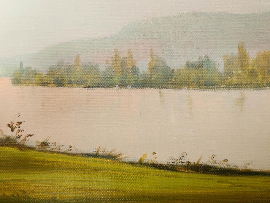 真作　林朝路　「ベルノン朝明け」　M15(15号)　絵画(油絵、油彩、風景、川辺、サイン入り、額装、外箱付き)(R-081400)