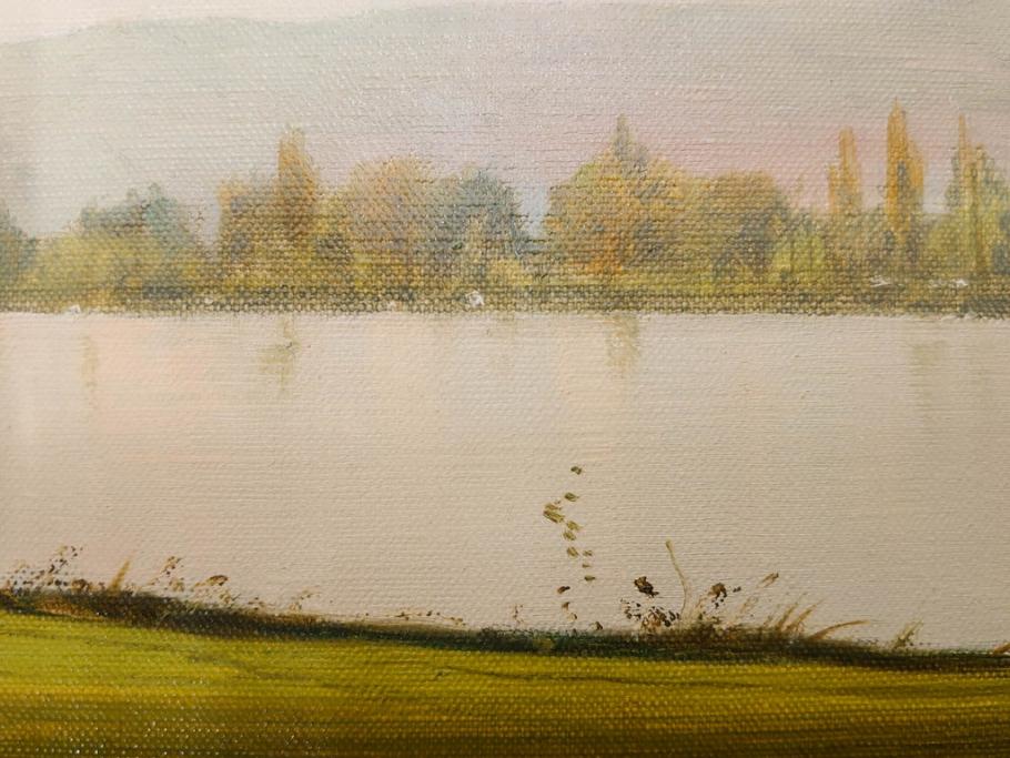 真作　林朝路　「ベルノン朝明け」　M15(15号)　絵画(油絵、油彩、風景、川辺、サイン入り、額装、外箱付き)(R-081400)