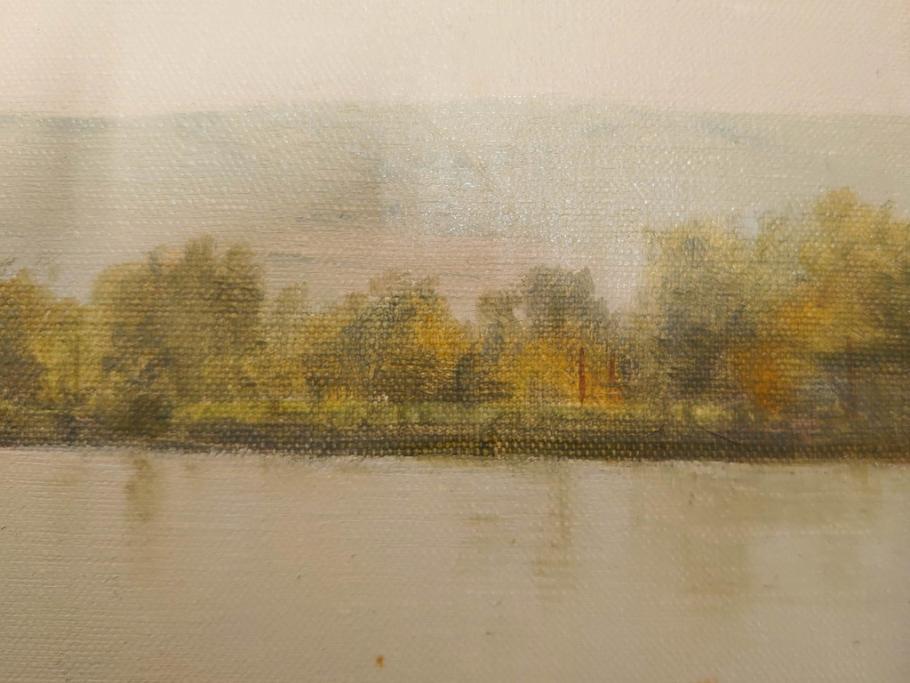 真作　林朝路　「ベルノン朝明け」　M15(15号)　絵画(油絵、油彩、風景、川辺、サイン入り、額装、外箱付き)(R-081400)