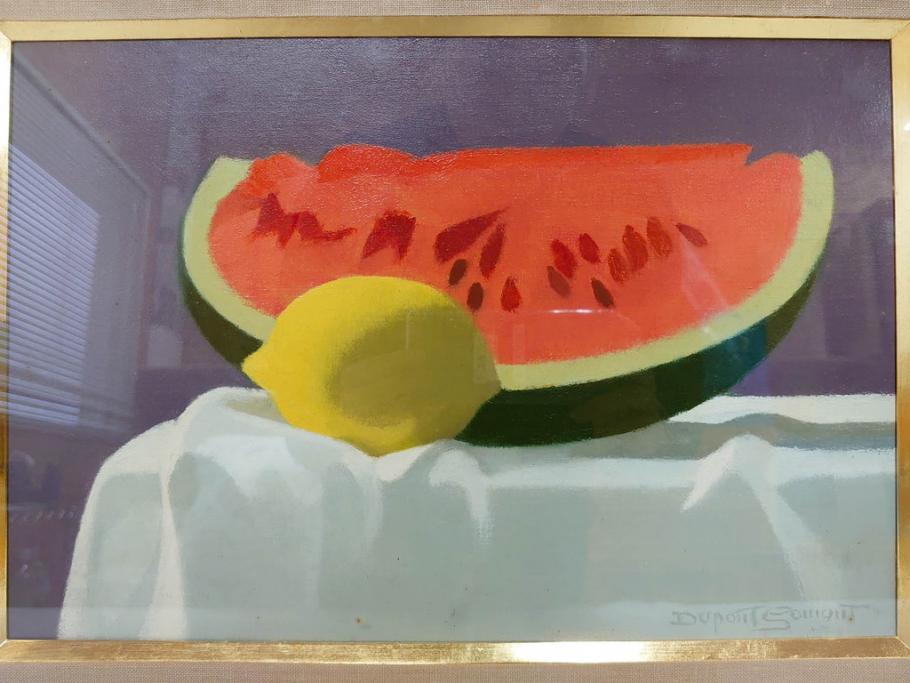 真作　クロード・デュポン=ゴモン　「ひと切れのスイカ」　P5(5号)　絵画(Claude DuPont-Gomont-Gomont、油絵、油彩、静物画、レモン、果物、額装、外箱付き)(R-081401)
