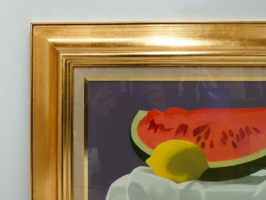 真作　クロード・デュポン=ゴモン　「ひと切れのスイカ」　P5(5号)　絵画(Claude DuPont-Gomont-Gomont、油絵、油彩、静物画、レモン、果物、額装、外箱付き)(R-081401)
