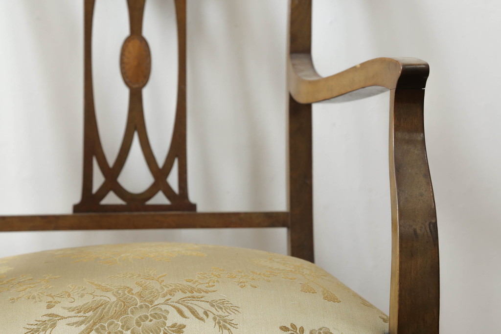 和製アンティーク　マホガニー材　大正ロマン　クラシカルな佇まいが魅力的な古い洋館の象嵌入りアームチェア(ダイニングチェア、椅子、イス)(R-075342)