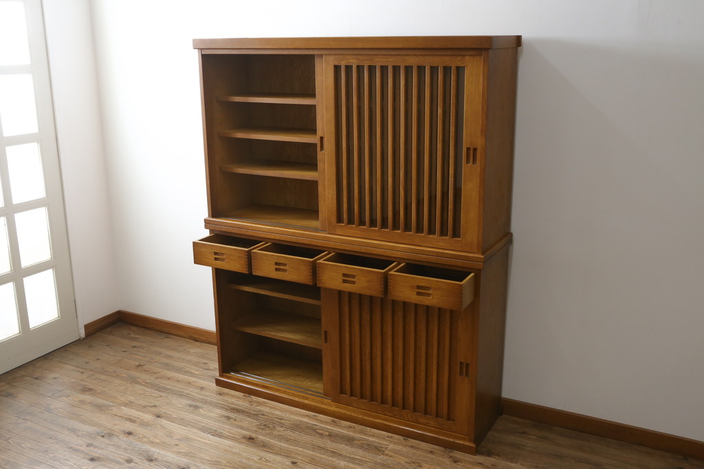 中古　民芸家具　ナラ材　和光　北樹　150N　上質な和の空間づくりにおすすめの水屋箪笥(食器棚、カップボード、戸棚、収納棚、キャビネット)(R-079756)