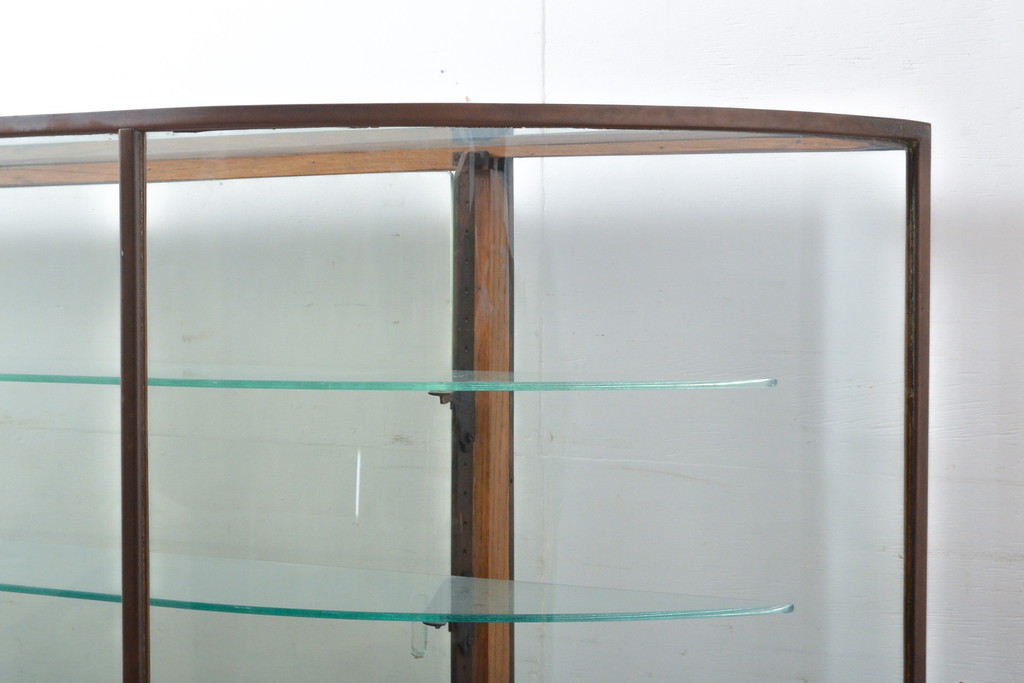 フランスアンティーク　オーク材・真鍮枠　コレクションのディスプレイにおすすめ!薄型で取り入れやすいRガラスショーケース(ガラスケース、陳列棚、曲げガラス)(R-057177)