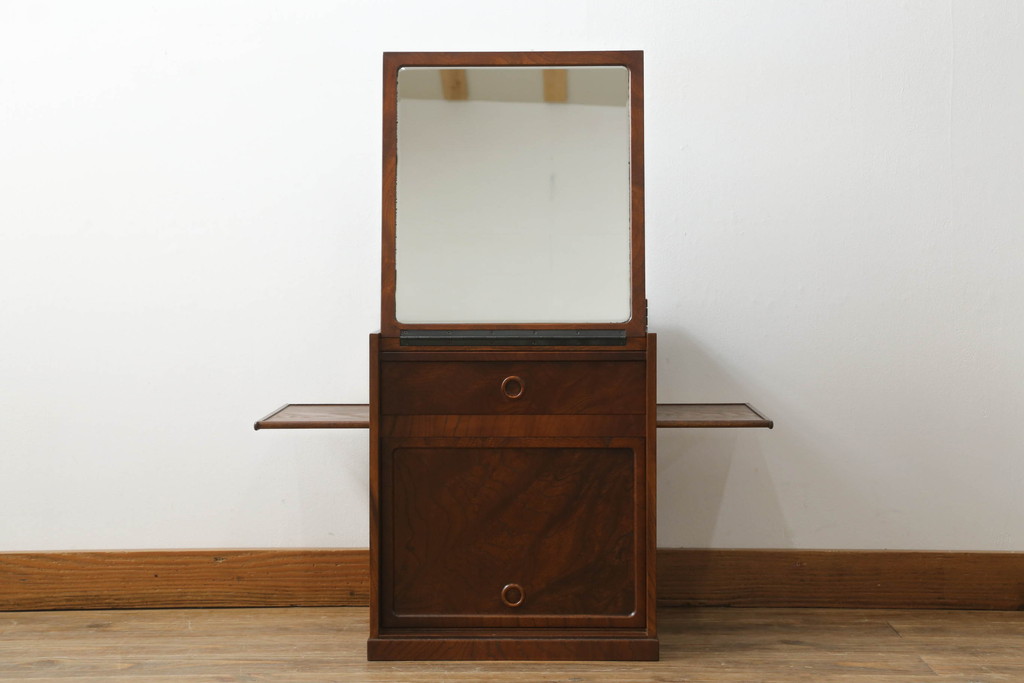 中古　美品　国産家具　職人手造り　欅(ケヤキ)杢　コンパクトなサイズが使いやすい函鏡台(ドレッサー、ミラー、小引き出し、卓上収納)(R-065462)