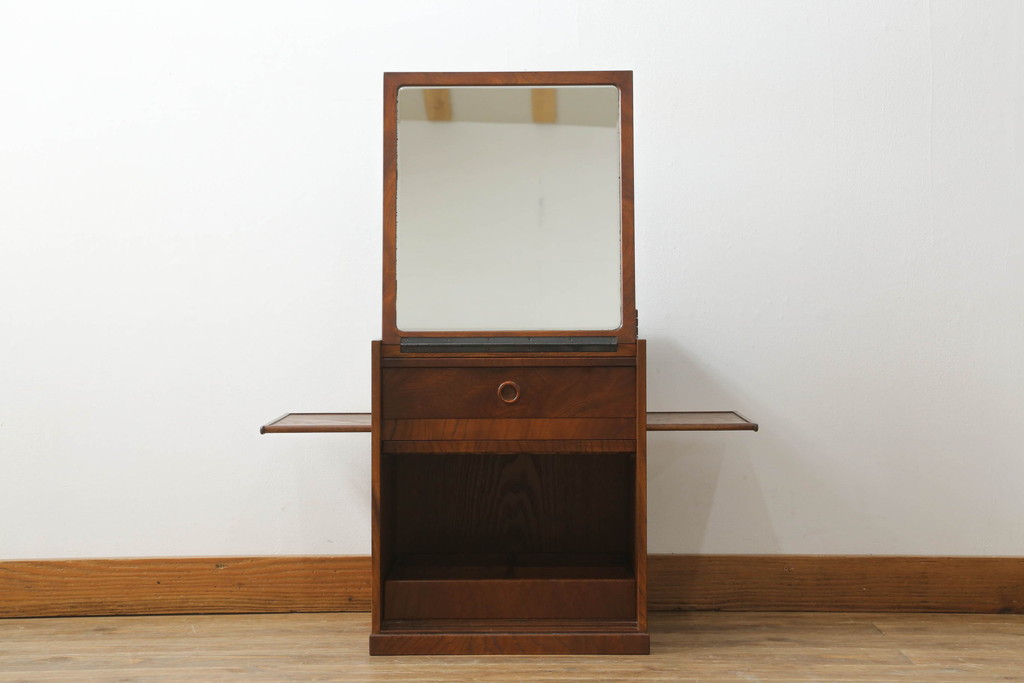 中古　美品　国産家具　職人手造り　欅(ケヤキ)杢　コンパクトなサイズが使いやすい函鏡台(ドレッサー、ミラー、小引き出し、卓上収納)(R-065462)