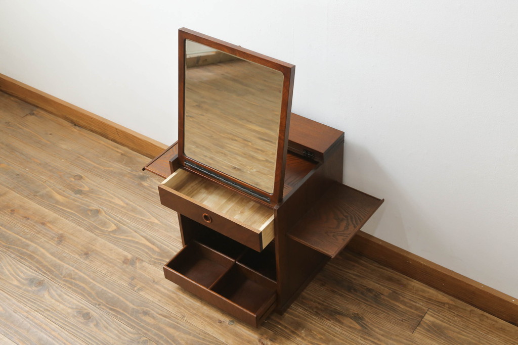 中古　美品　国産家具　職人手造り　欅(ケヤキ)杢　コンパクトなサイズが使いやすい函鏡台(ドレッサー、ミラー、小引き出し、卓上収納)(R-065462)