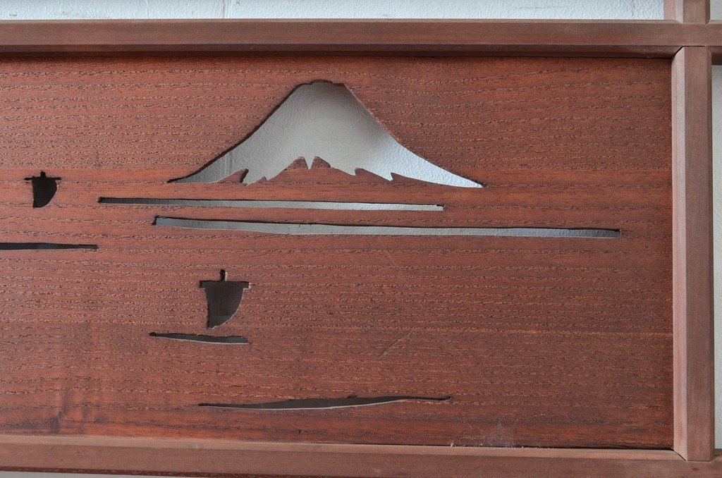 アンティーク建具　富士山・水鳥図　涼しげな和の風情を感じる幅狭夏戸4枚セット(引き戸、簾戸、簀戸、葭戸、すど、夏障子)(R-080478)