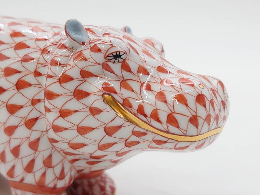 ヘレンド　ハンガリー　HEREND HVNGARY　オレンジ　カバ　愛嬌のある表情に心が和むフィギュリン(橙色、動物、金彩、フィッシュネット、ハンドペイント、置物、陶器)(R-081465)