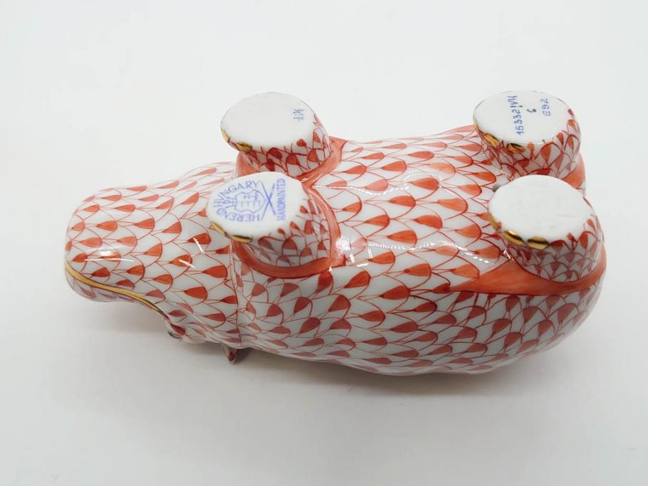 ヘレンド　ハンガリー　HEREND HVNGARY　オレンジ　カバ　愛嬌のある表情に心が和むフィギュリン(橙色、動物、金彩、フィッシュネット、ハンドペイント、置物、陶器)(R-081465)
