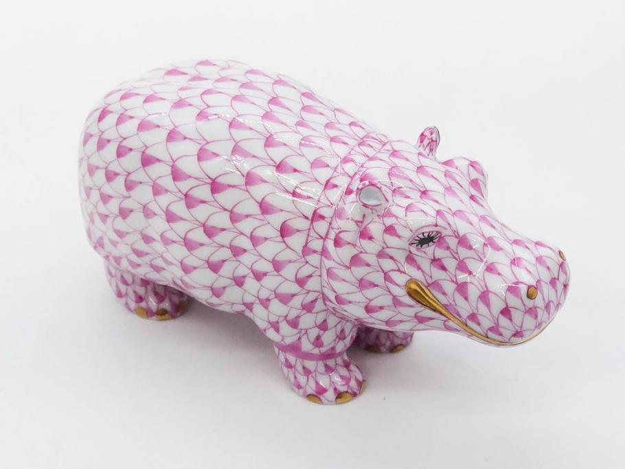 ヘレンド　ハンガリー　HEREND HVNGARY　ピンク　カバ　お部屋のアクセントになるフィギュリン(桃色、動物、金彩、フィッシュネット、ハンドペイント、置物、陶器)(R-081466)