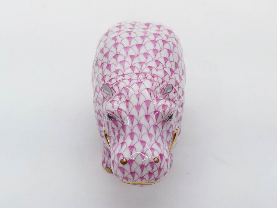 ヘレンド　ハンガリー　HEREND HVNGARY　ピンク　カバ　お部屋のアクセントになるフィギュリン(桃色、動物、金彩、フィッシュネット、ハンドペイント、置物、陶器)(R-081466)