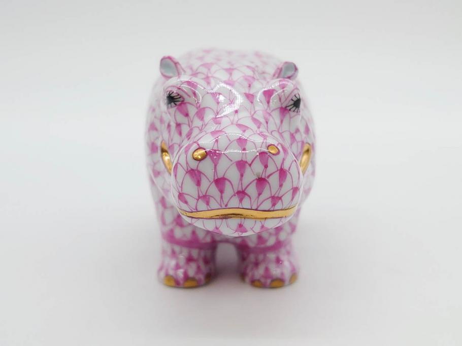 ヘレンド　ハンガリー　HEREND HVNGARY　ピンク　カバ　お部屋のアクセントになるフィギュリン(桃色、動物、金彩、フィッシュネット、ハンドペイント、置物、陶器)(R-081466)