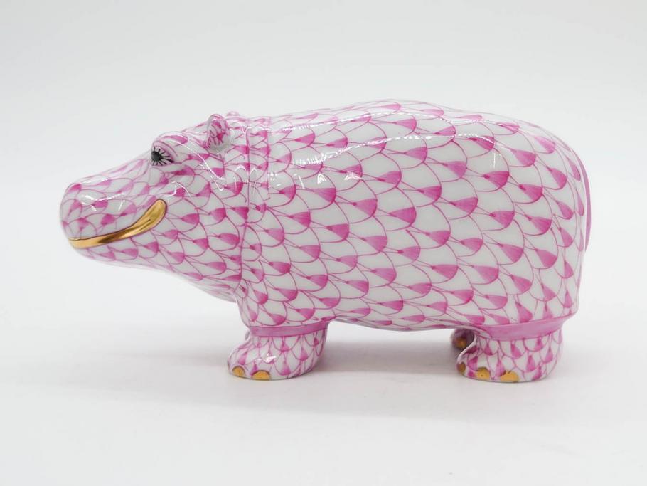 ヘレンド　ハンガリー　HEREND HVNGARY　ピンク　カバ　お部屋のアクセントになるフィギュリン(桃色、動物、金彩、フィッシュネット、ハンドペイント、置物、陶器)(R-081466)