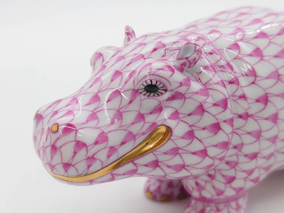 ヘレンド　ハンガリー　HEREND HVNGARY　ピンク　カバ　お部屋のアクセントになるフィギュリン(桃色、動物、金彩、フィッシュネット、ハンドペイント、置物、陶器)(R-081466)