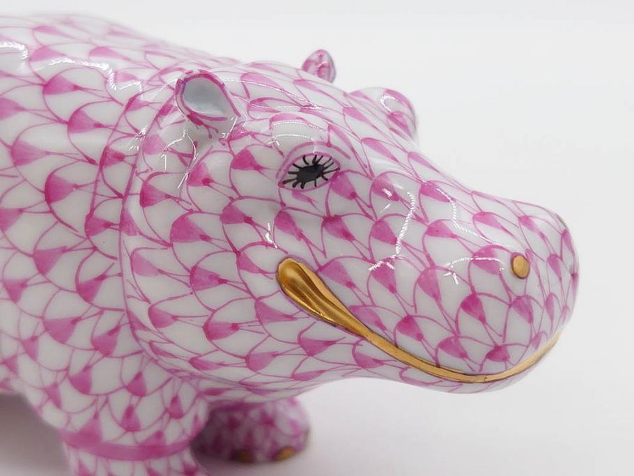 ヘレンド　ハンガリー　HEREND HVNGARY　ピンク　カバ　お部屋のアクセントになるフィギュリン(桃色、動物、金彩、フィッシュネット、ハンドペイント、置物、陶器)(R-081466)