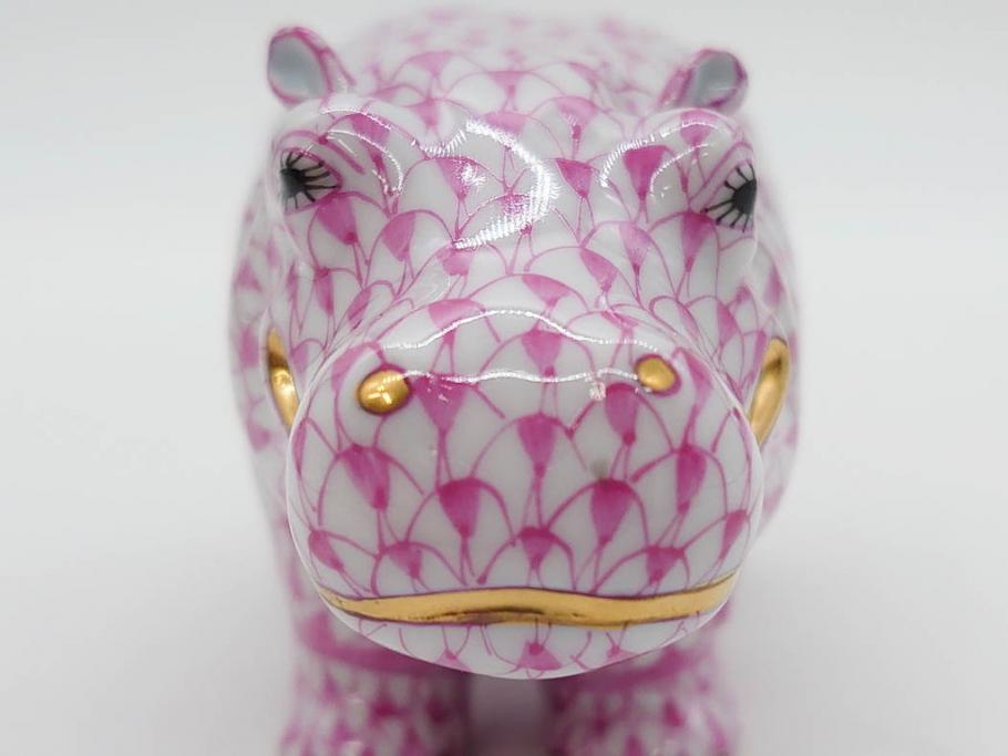 ヘレンド　ハンガリー　HEREND HVNGARY　ピンク　カバ　お部屋のアクセントになるフィギュリン(桃色、動物、金彩、フィッシュネット、ハンドペイント、置物、陶器)(R-081466)