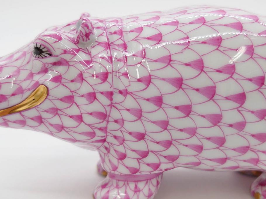 ヘレンド　ハンガリー　HEREND HVNGARY　ピンク　カバ　お部屋のアクセントになるフィギュリン(桃色、動物、金彩、フィッシュネット、ハンドペイント、置物、陶器)(R-081466)