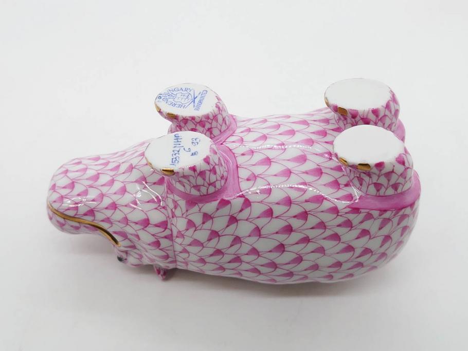 ヘレンド　ハンガリー　HEREND HVNGARY　ピンク　カバ　お部屋のアクセントになるフィギュリン(桃色、動物、金彩、フィッシュネット、ハンドペイント、置物、陶器)(R-081466)