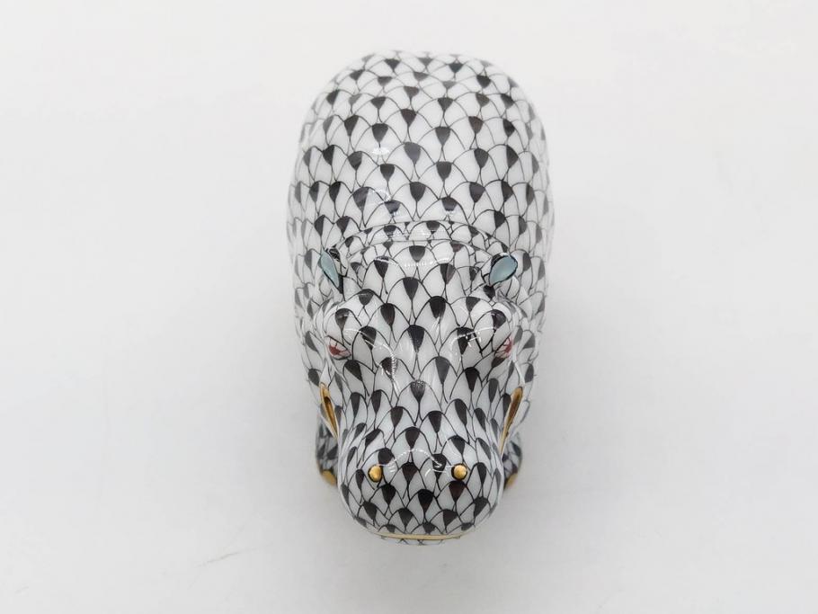 ヘレンド　ハンガリー　HEREND HVNGARY　ブラック　カバ　シックな佇まいのフィギュリン(黒、動物、金彩、フィッシュネット、ハンドペイント、置物、陶器)(R-081467)