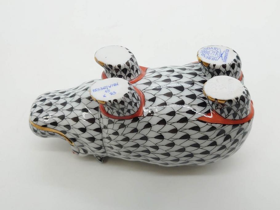 ヘレンド　ハンガリー　HEREND HVNGARY　ブラック　カバ　シックな佇まいのフィギュリン(黒、動物、金彩、フィッシュネット、ハンドペイント、置物、陶器)(R-081467)