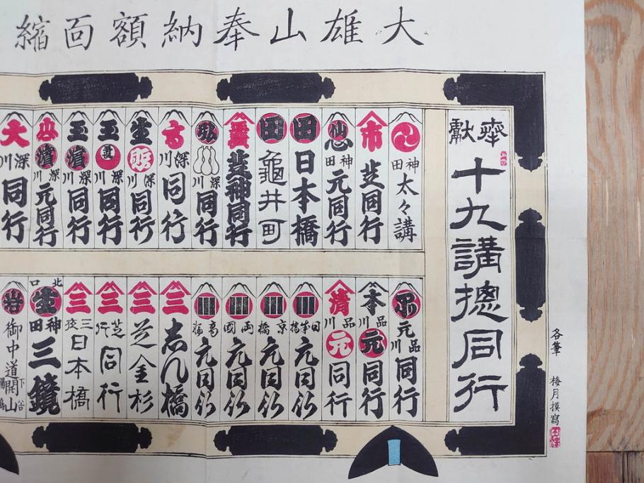 明治期　戦前　大勉強　薬　近江製剤　宣伝チラシ　広告　引札　版画　長者番付表　皇国名誉書画人名録など 7枚セット(当時物、引き札、三井八郎右衛門、印刷物、紙モノ、ポスター、商店、明治44亥年略暦、新版東京〇(丸)持長者競、東京名七幅人、大雄山奉納額面縮図)(R-075467)