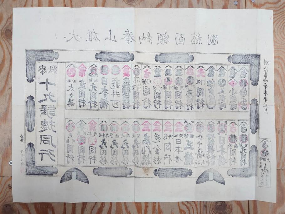 明治期　戦前　大勉強　薬　近江製剤　宣伝チラシ　広告　引札　版画　長者番付表　皇国名誉書画人名録など 7枚セット(当時物、引き札、三井八郎右衛門、印刷物、紙モノ、ポスター、商店、明治44亥年略暦、新版東京〇(丸)持長者競、東京名七幅人、大雄山奉納額面縮図)(R-075467)