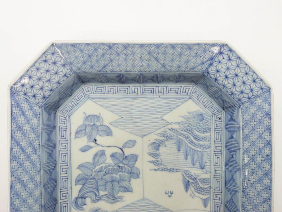 江戸期 染付 古伊万里 線描 麻の葉 花と山水図 約27cm 9寸