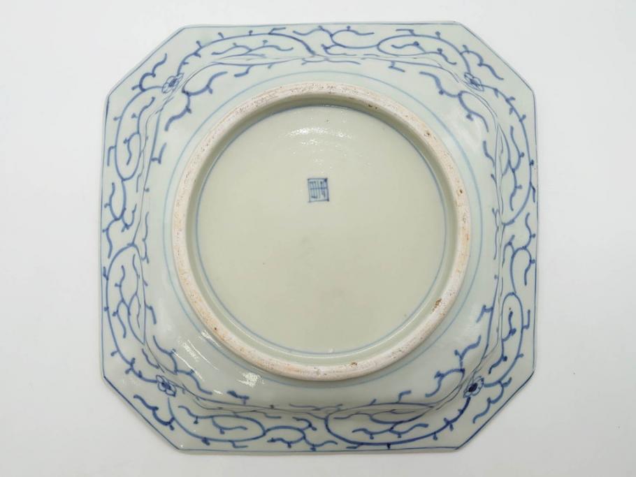 江戸期 染付 古伊万里 線描 麻の葉 花と山水図 約27cm 9寸