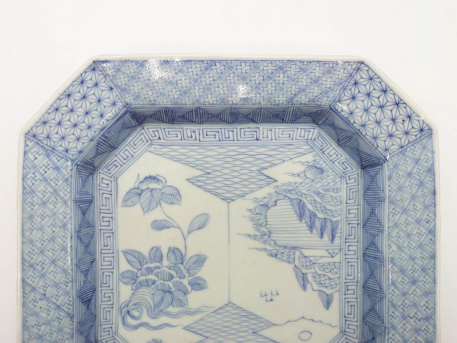 江戸期　染付　古伊万里　線描　麻の葉　花と山水図　約27cm　9寸　爽やかな印象を与える角皿(四方、八角、大皿、和皿、和食器、九寸)(R-075470)