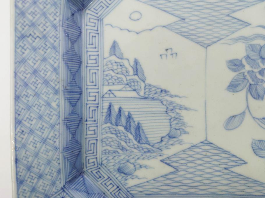 江戸期　染付　古伊万里　線描　麻の葉　花と山水図　約27cm　9寸　爽やかな印象を与える角皿(四方、八角、大皿、和皿、和食器、九寸)(R-075470)