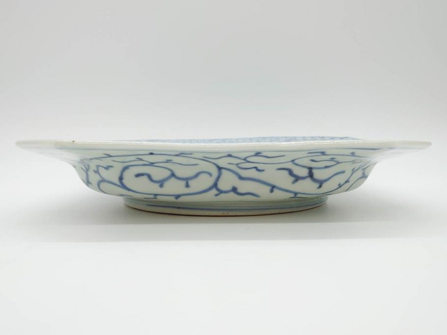 江戸期　染付　古伊万里　線描　麻の葉　花と山水図　約27cm　9寸　爽やかな印象を与える角皿(四方、八角、大皿、和皿、和食器、九寸)(R-075470)