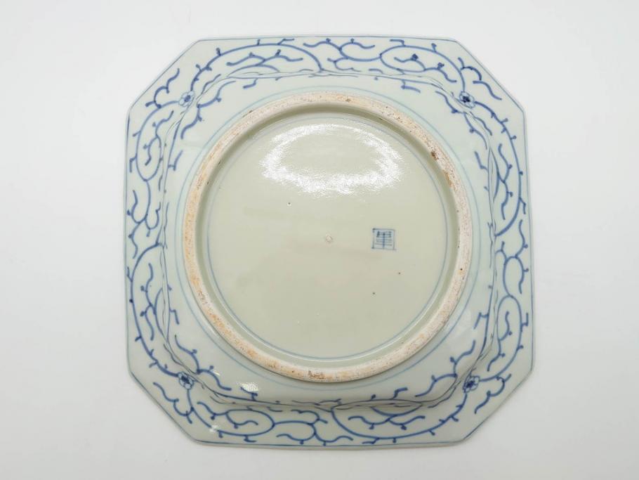 江戸期　染付　古伊万里　線描　麻の葉　花と山水図　約27cm　9寸　爽やかな印象を与える角皿(四方、八角、大皿、和皿、和食器、九寸)(R-075470)