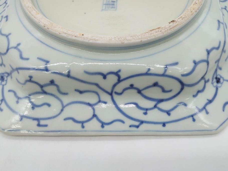 江戸期　染付　古伊万里　線描　麻の葉　花と山水図　約27cm　9寸　爽やかな印象を与える角皿(四方、八角、大皿、和皿、和食器、九寸)(R-075470)
