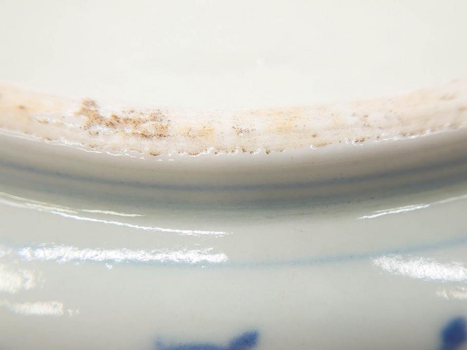 江戸期　染付　古伊万里　線描　麻の葉　花と山水図　約27cm　9寸　爽やかな印象を与える角皿(四方、八角、大皿、和皿、和食器、九寸)(R-075470)