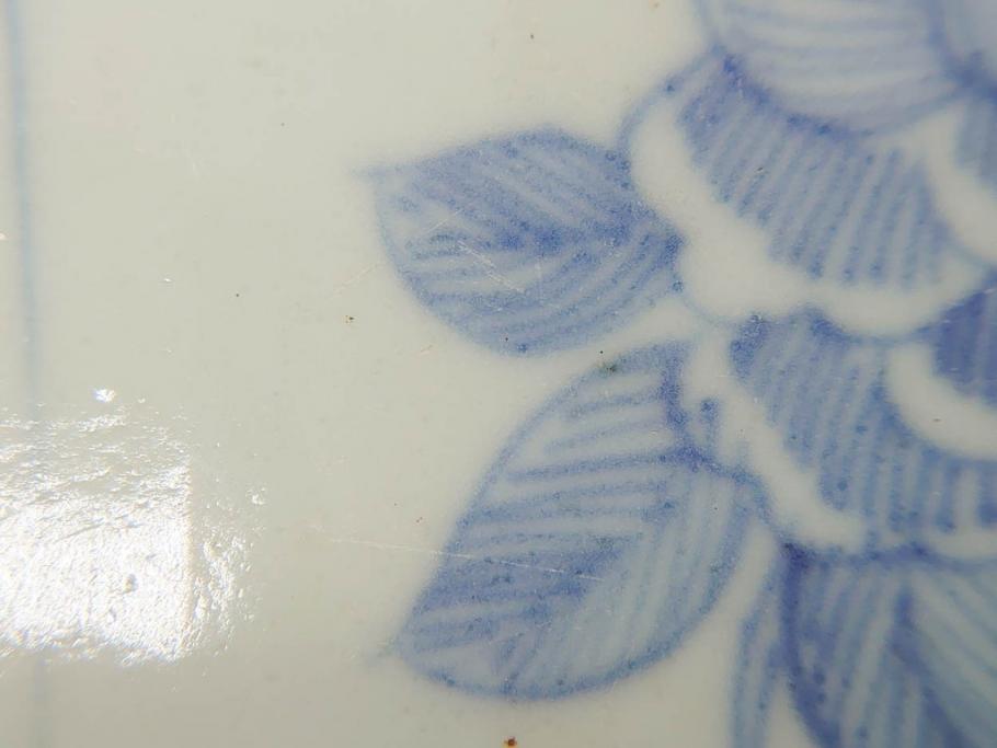 江戸期　染付　古伊万里　線描　麻の葉　花と山水図　約27cm　9寸　爽やかな印象を与える角皿(四方、八角、大皿、和皿、和食器、九寸)(R-075470)