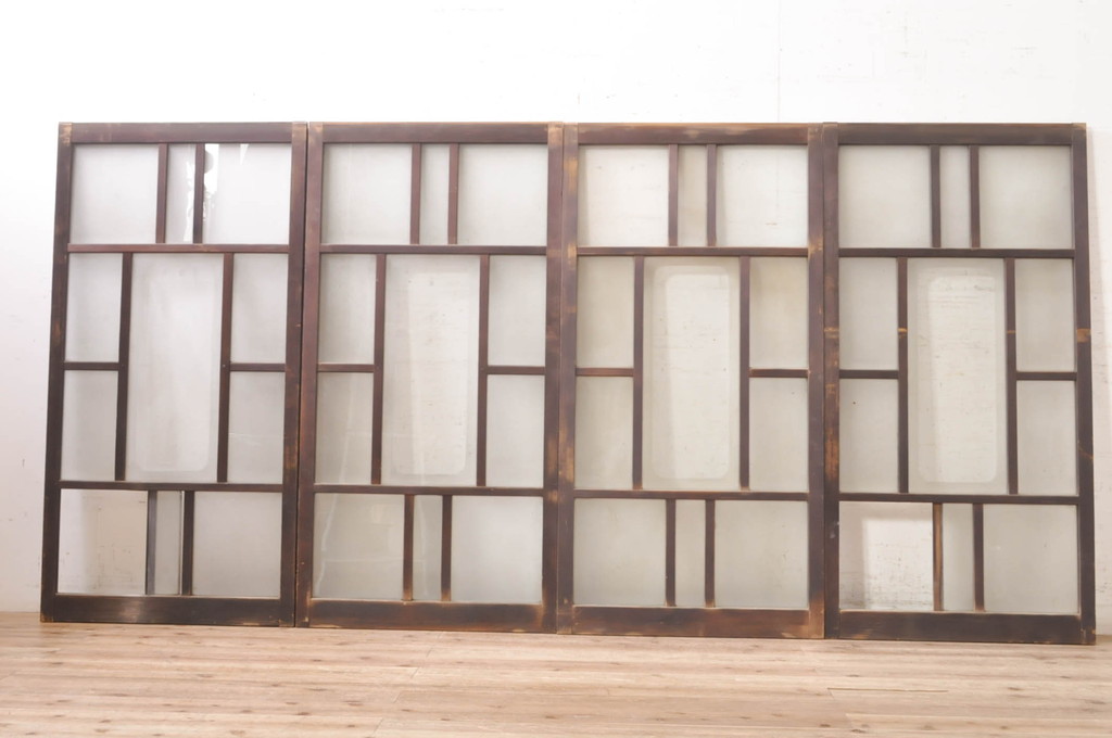 アンティーク建具　大正ロマン　ノスタルジックな雰囲気溢れるガラス窓4枚セット(引き戸、ガラス戸)(R-073890)